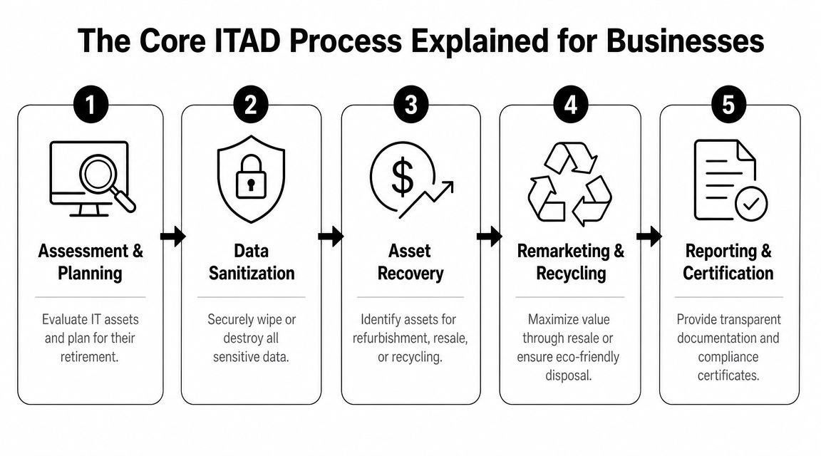 A five-step infographic showing the core IT Asset Disposition process for businesses, from assessment to final reporting.