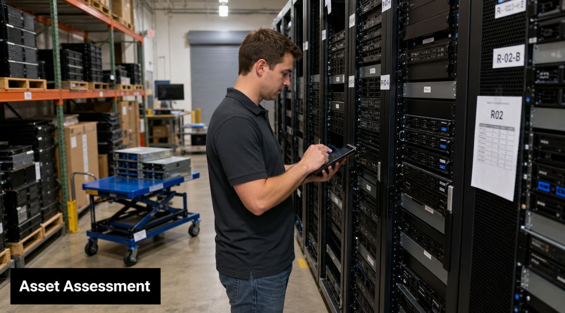 A technician performing an IT asset assessment while using a tablet near server racks in a warehouse.