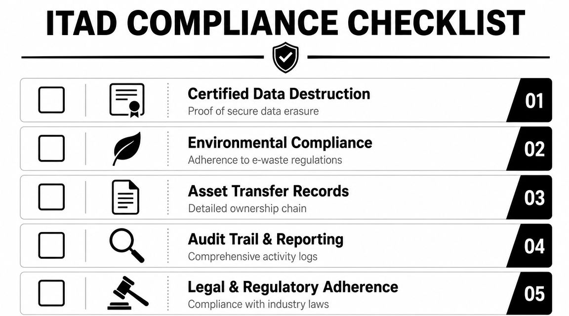 An ITAD compliance checklist graphic illustrating five key requirements for secure and environmentally responsible IT asset disposal.