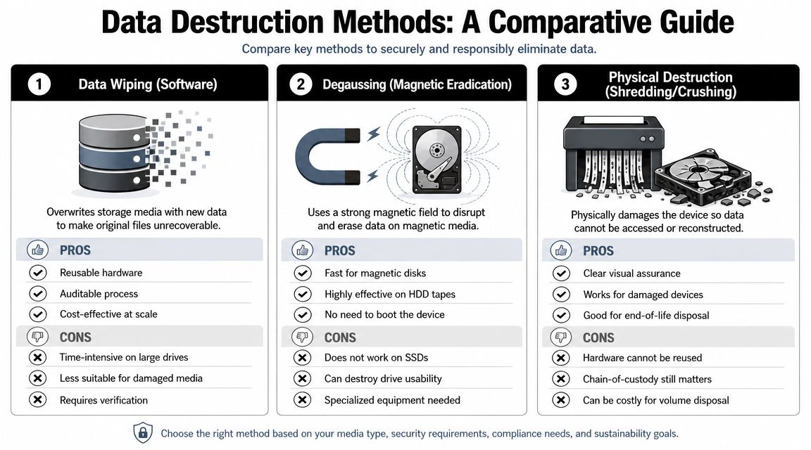 A comparison guide infographic explaining three methods for data destruction: software wiping, magnetic degaussing, and physical shredding.
