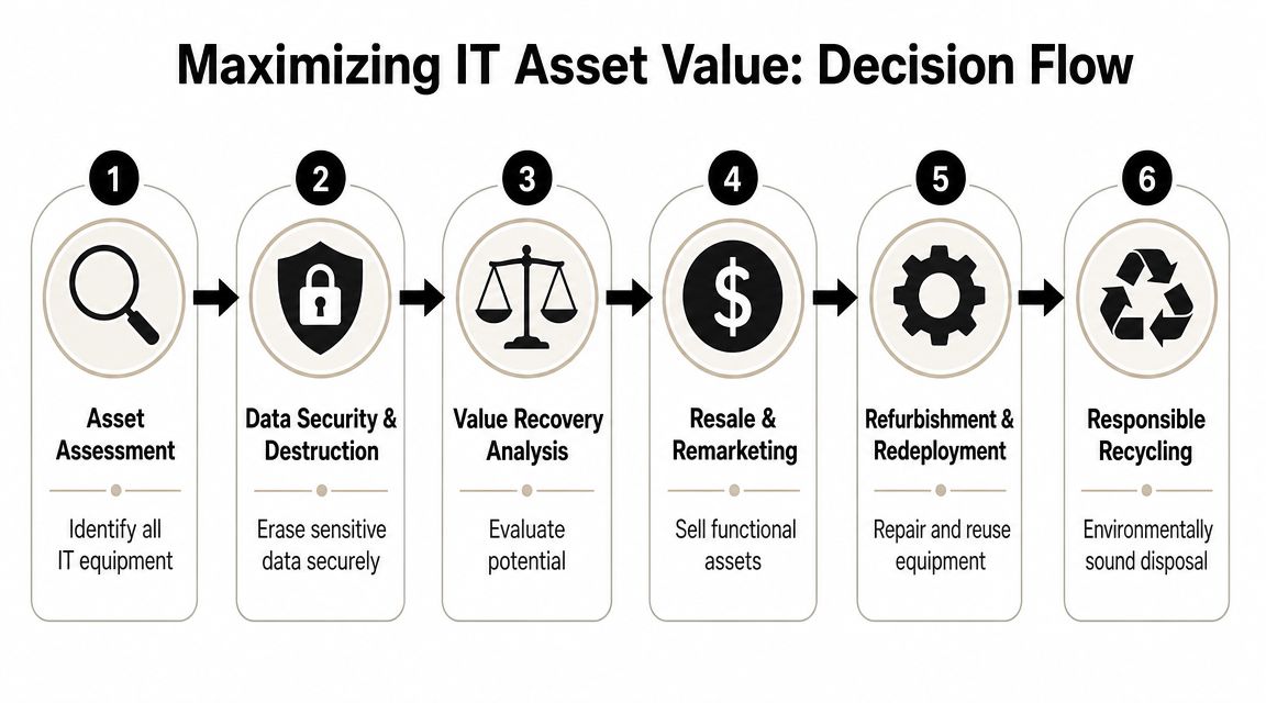 A six-step workflow diagram illustrating the process for maximizing the value of retired IT assets.