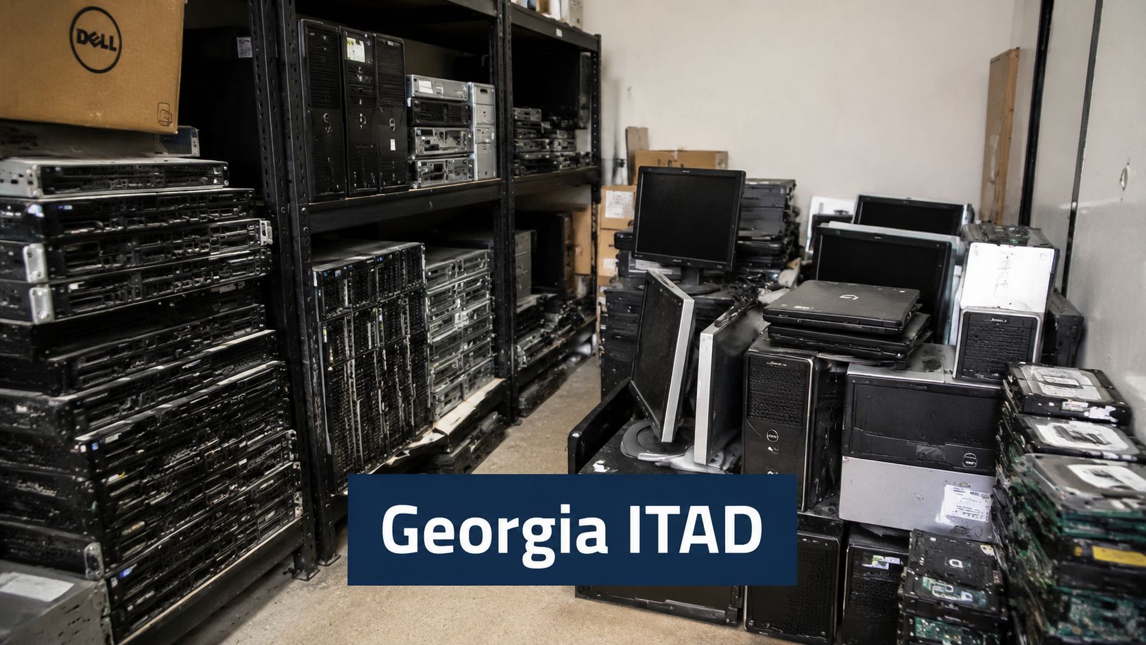 A storage warehouse filled with stacked computer servers, monitors, laptops, and IT hardware components for recycling.