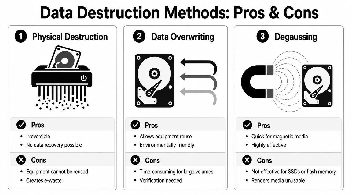 A comparison chart outlining the pros and cons of three common data destruction methods: physical destruction, overwriting, and degaussing.