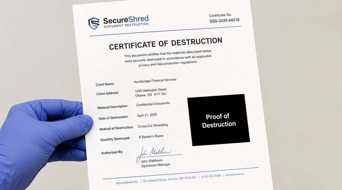 A gloved hand holding a Certificate of Destruction for confidential documents from SecureShred document destruction services.