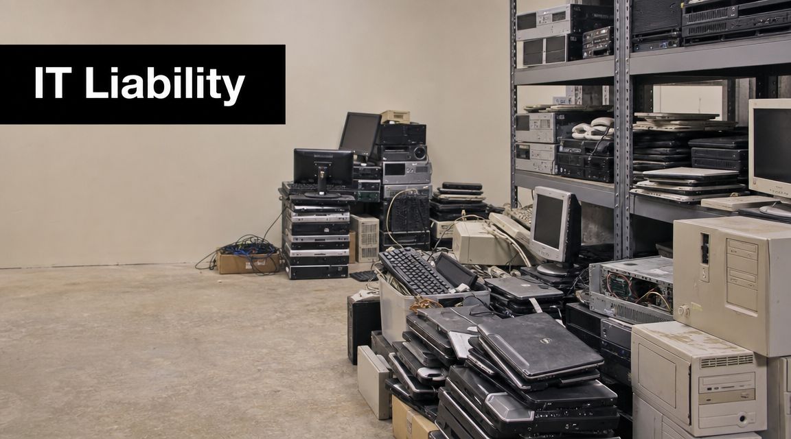 A cluttered room filled with stacks of old desktop computers, laptops, and various discarded electronic equipment.