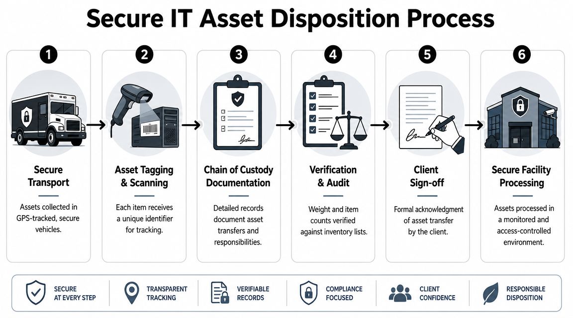 A diagram illustrating a six-step secure IT asset disposition process from transport to facility processing.