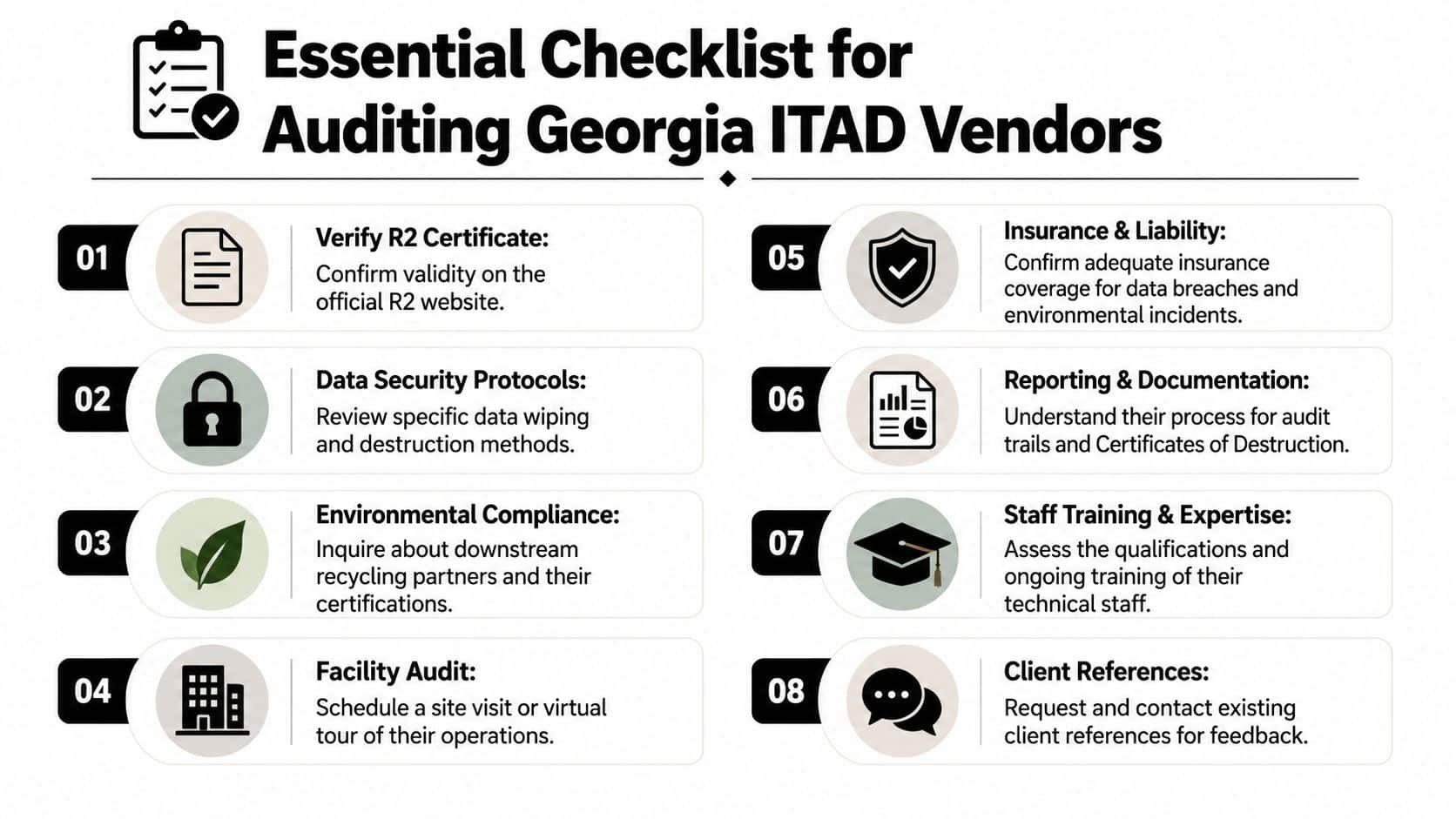 An infographic checklist for auditing ITAD vendors in Georgia, covering certification, security, environmental compliance, and more.