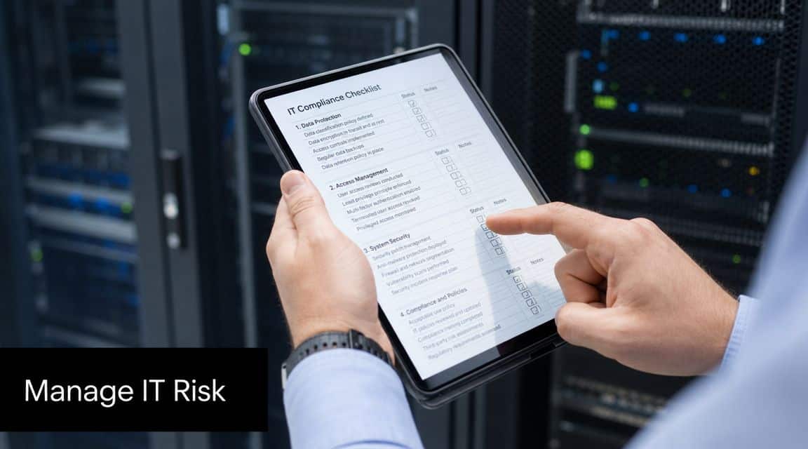 An IT professional using a tablet to review an IT compliance checklist in a server room environment.