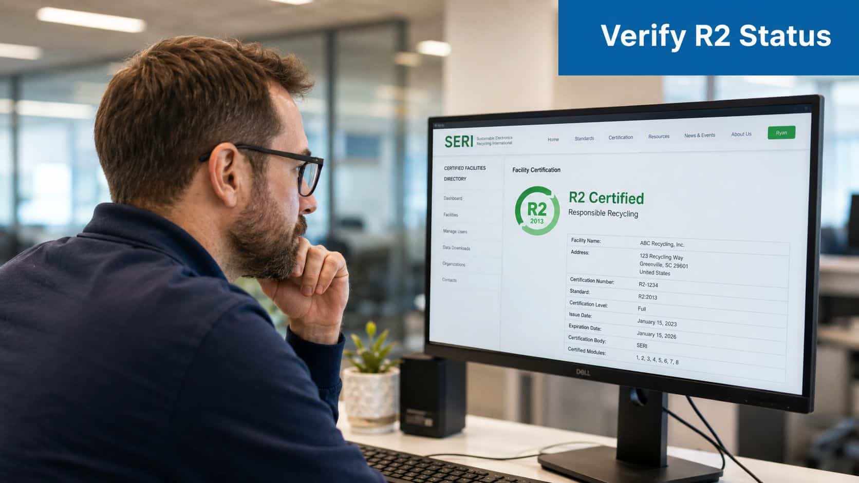 A professional man viewing the R2 certified status of a recycling facility on a computer monitor.