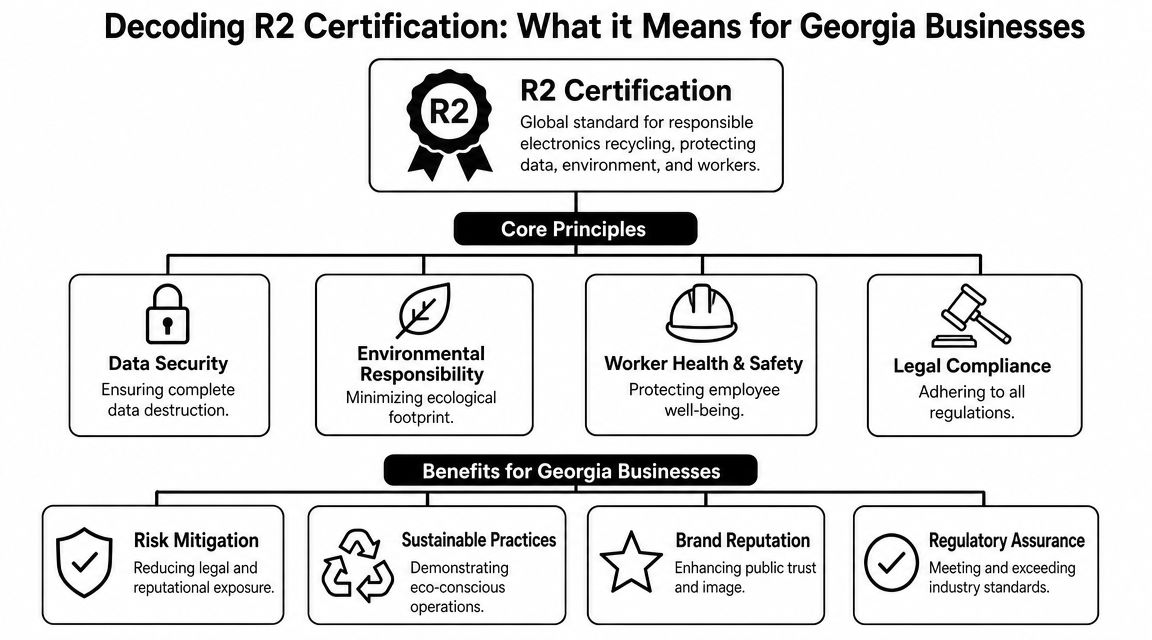 An infographic titled Decoding R2 Certification, outlining the core principles and business benefits of R2 electronics recycling.