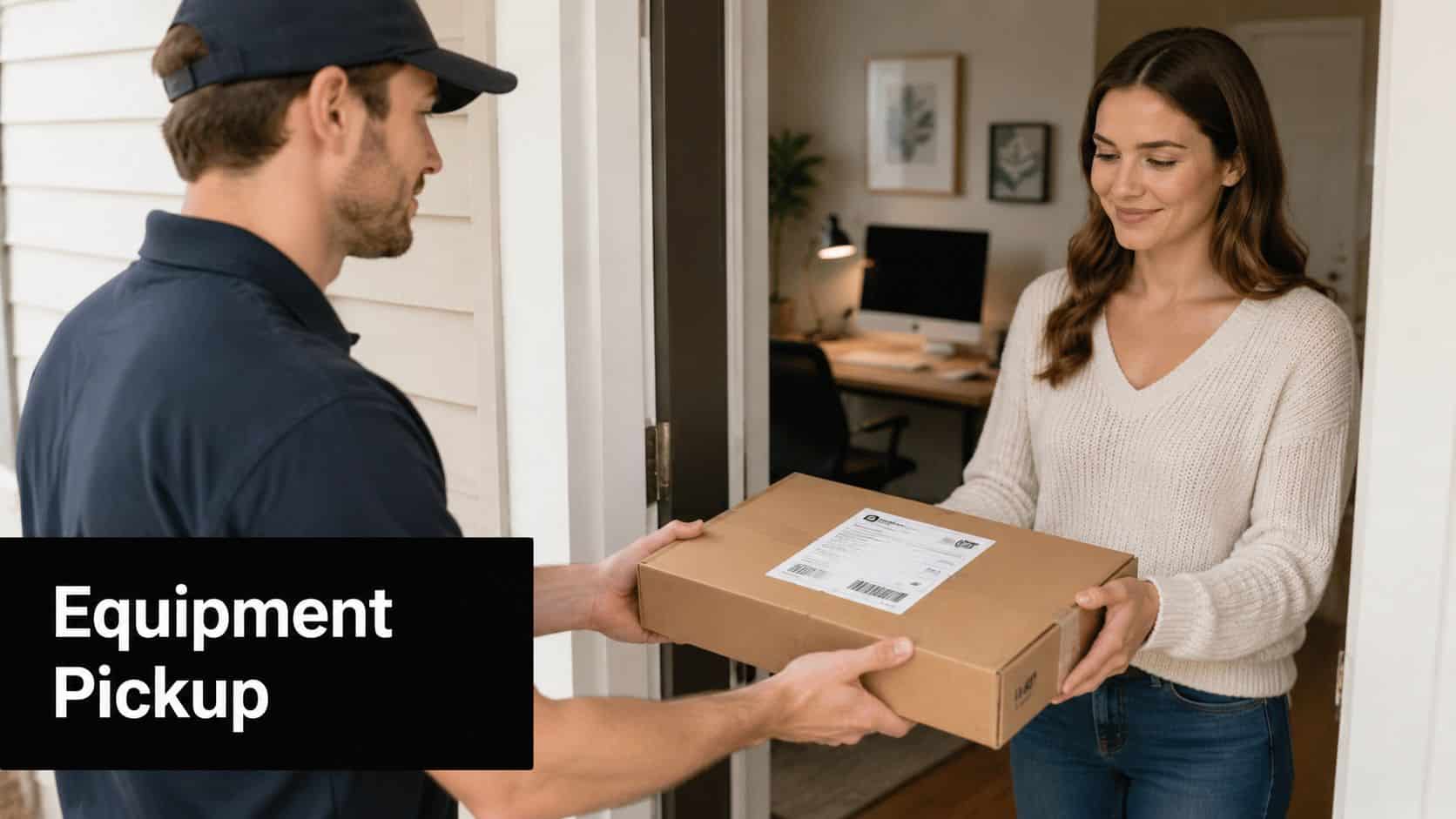 A delivery person handing a cardboard box to a woman standing at her front door.