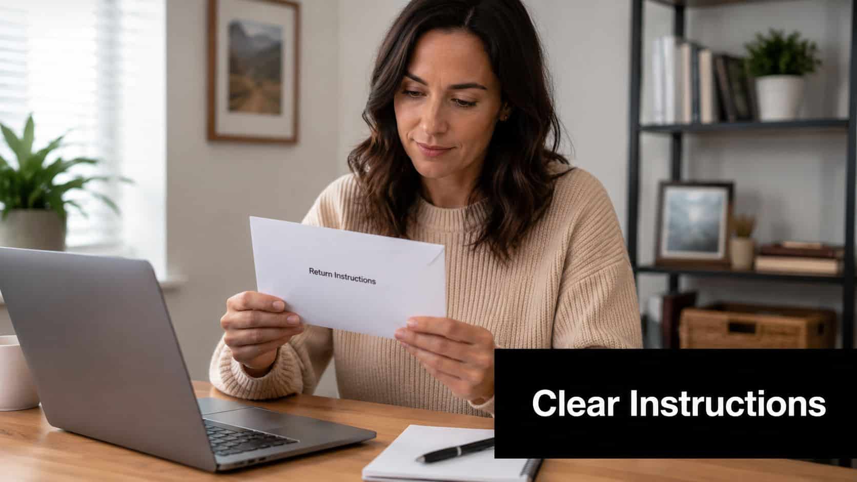 A professional woman sitting at a desk reading return instructions from a white envelope near her laptop.