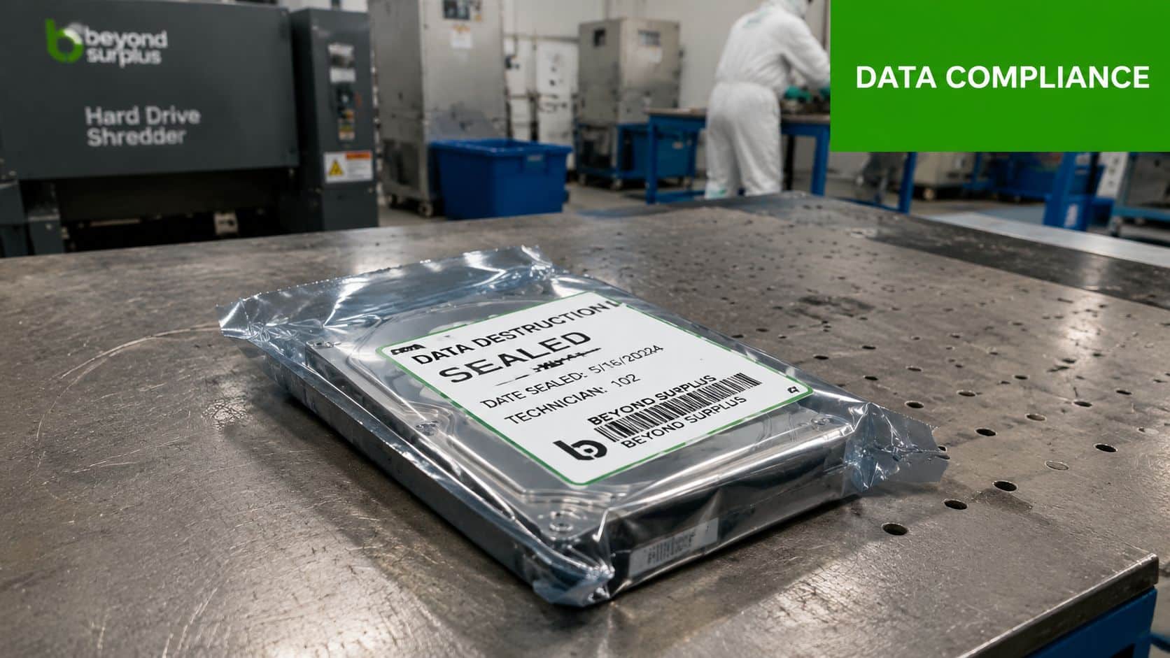 A sealed hard drive awaits destruction at a Beyond Surplus facility for secure data compliance.