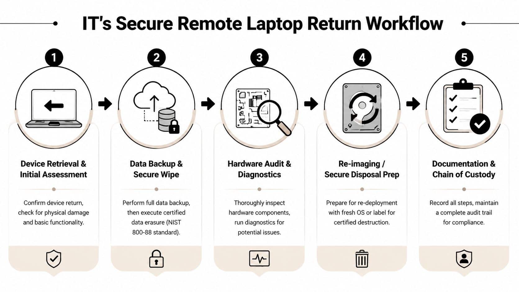 A flowchart infographic outlining the five essential steps for a secure remote laptop return process for IT.