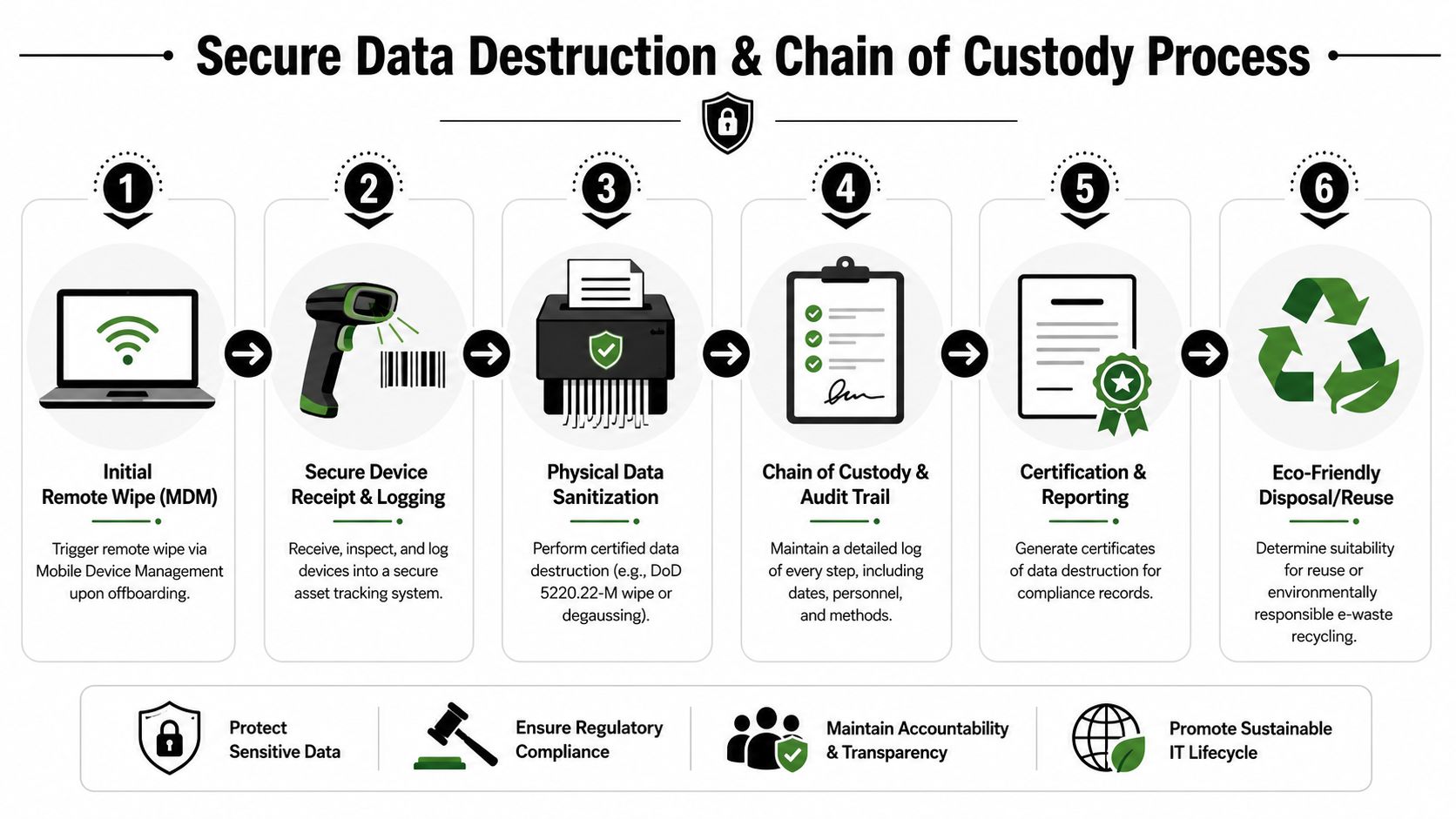 A six-step infographic illustrating the secure data destruction and chain of custody process for IT devices.