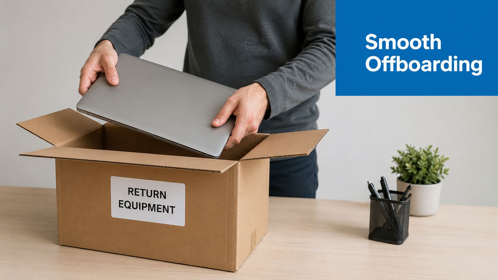 A person placing a silver laptop into a cardboard box labeled return equipment for employee offboarding.