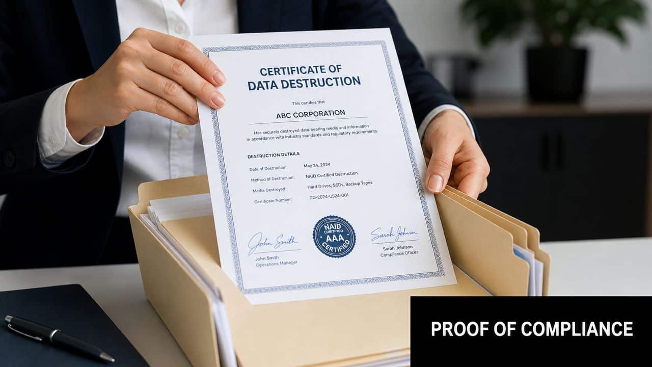 A professional holding a certificate of data destruction for secure IT asset disposal compliance.
