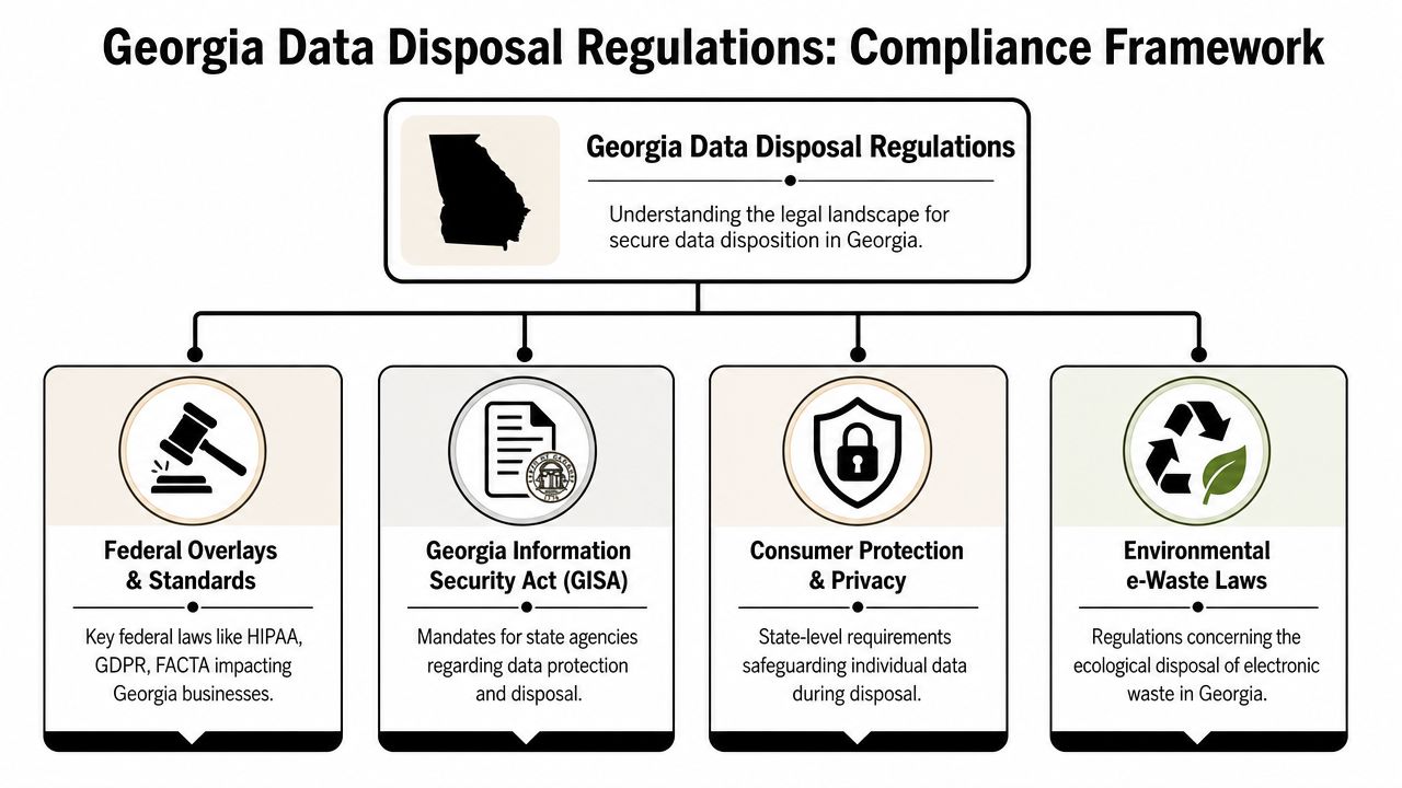 A diagram outlining the compliance framework for secure data disposal regulations within the state of Georgia.