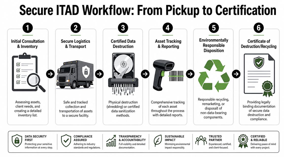 A six-step infographic detailing the professional ITAD workflow process from initial inventory to final certification of destruction.