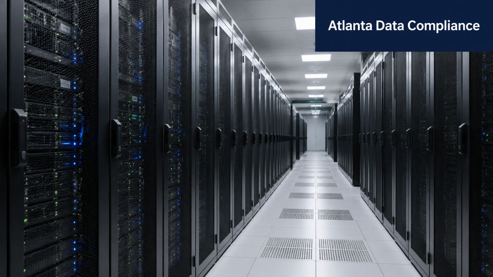 A long aisle of industrial server racks in a secure, climate-controlled data center facility in Atlanta.