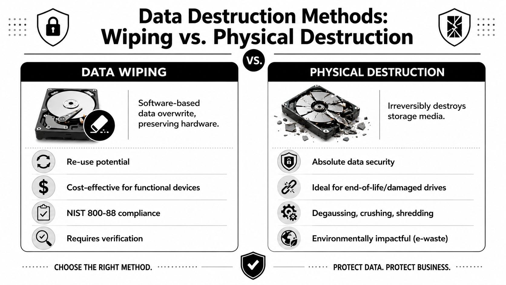 A comparative infographic showing the pros and cons of data wiping versus physical destruction for storage devices.