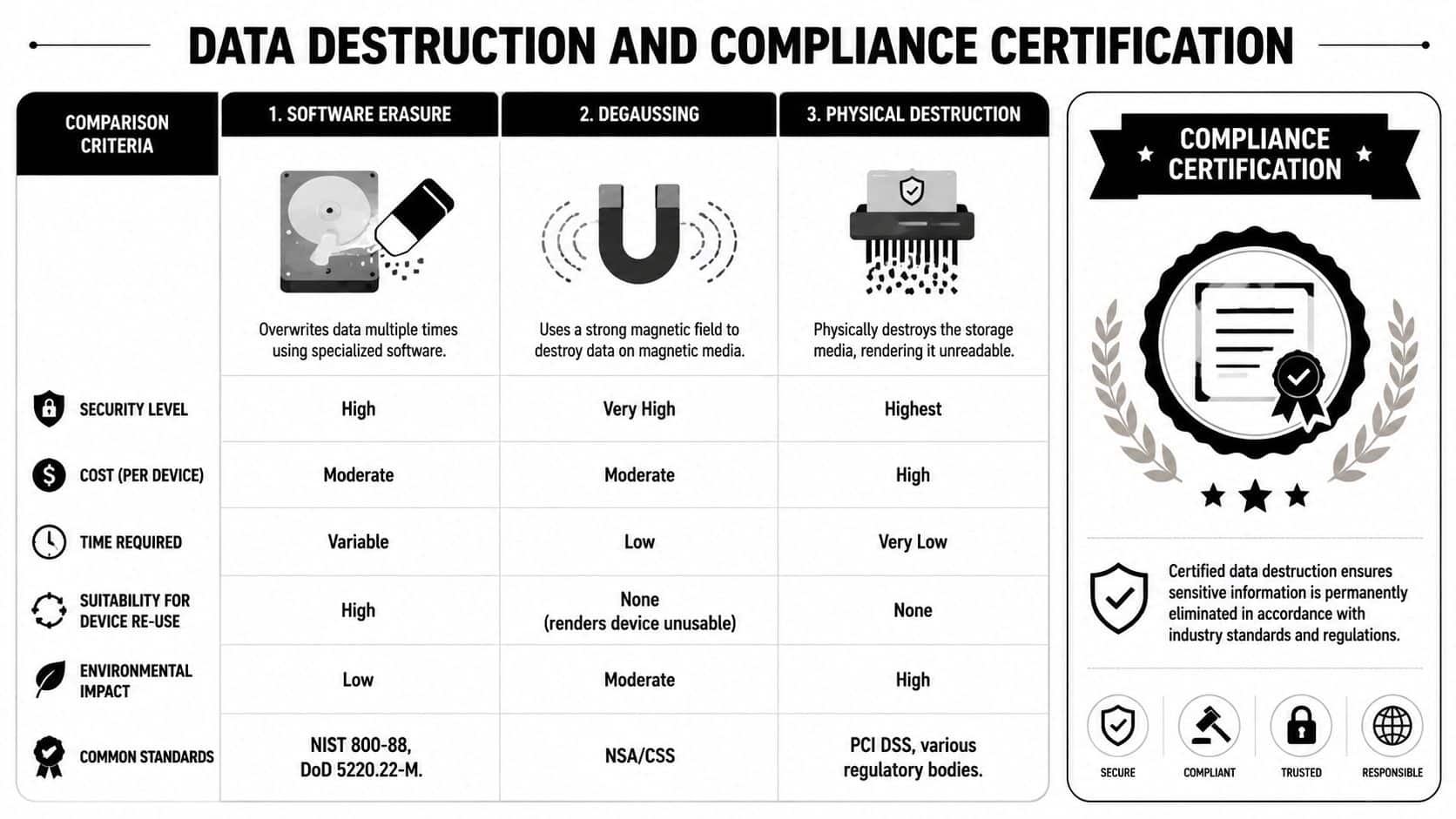 A comparison chart outlining methods for data destruction including software erasure, degaussing, and physical destruction.