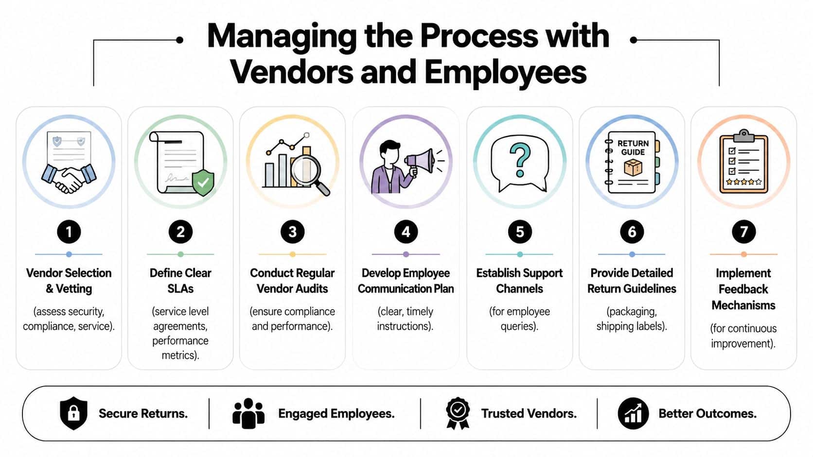 An infographic detailing seven steps for managing processes with vendors and employees, emphasizing secure and efficient return workflows.