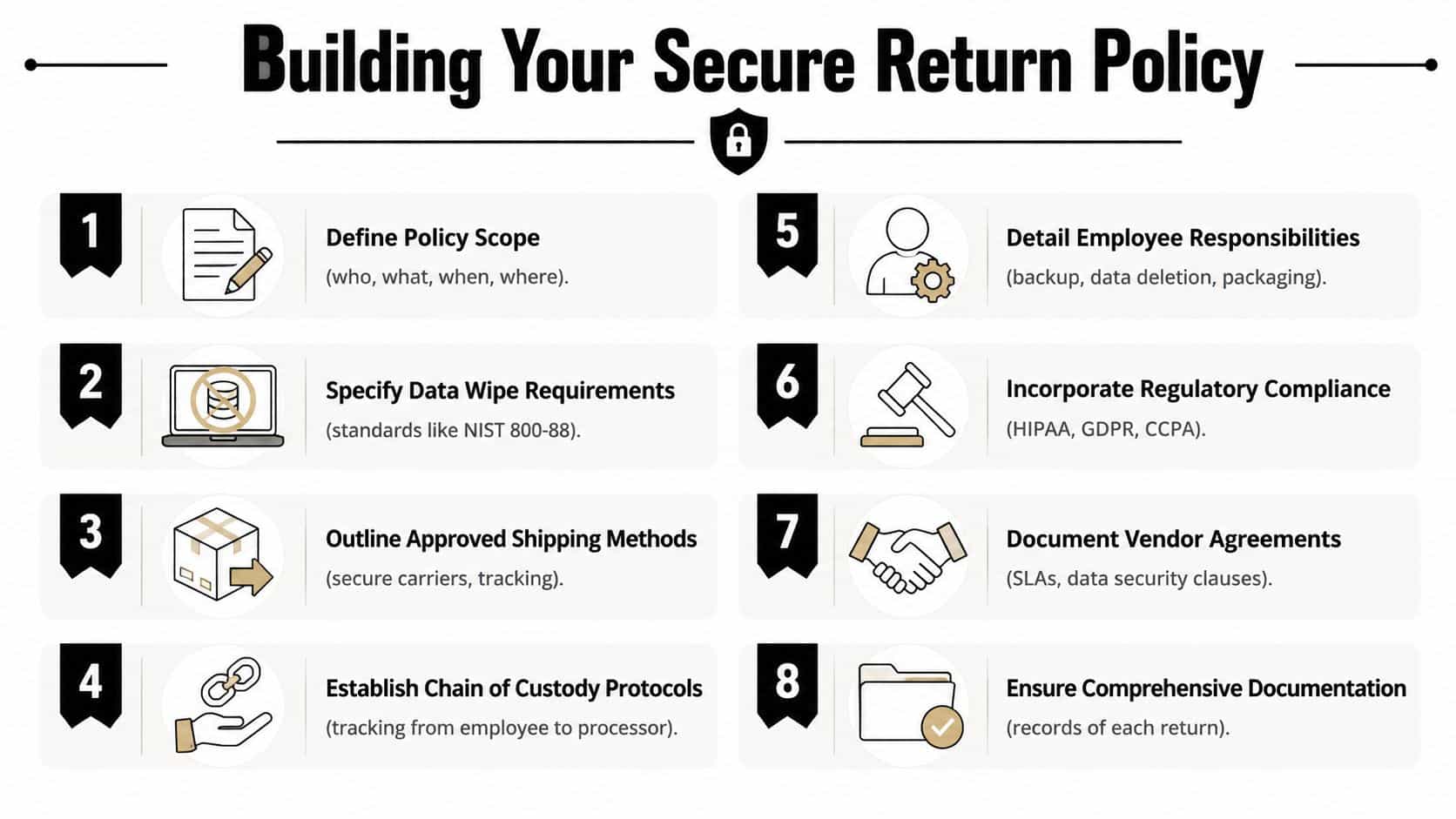 An infographic titled Building Your Secure Return Policy showing eight numbered steps for managing secure device returns.