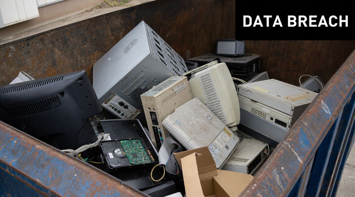 A dumpster filled with old discarded computer towers, monitors, and hard drives representing electronic waste data security risks.