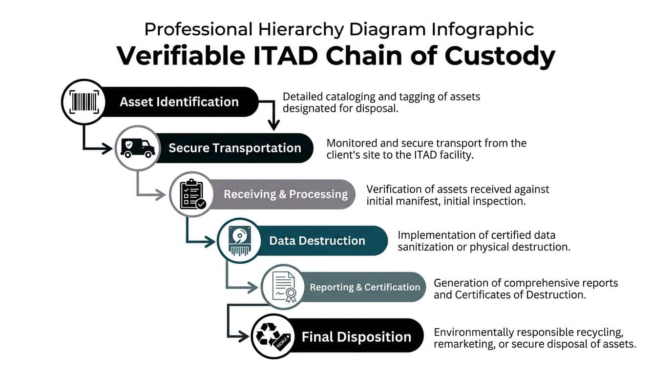 A diagram illustrating the six steps of a professional ITAD chain of custody for secure equipment disposal.