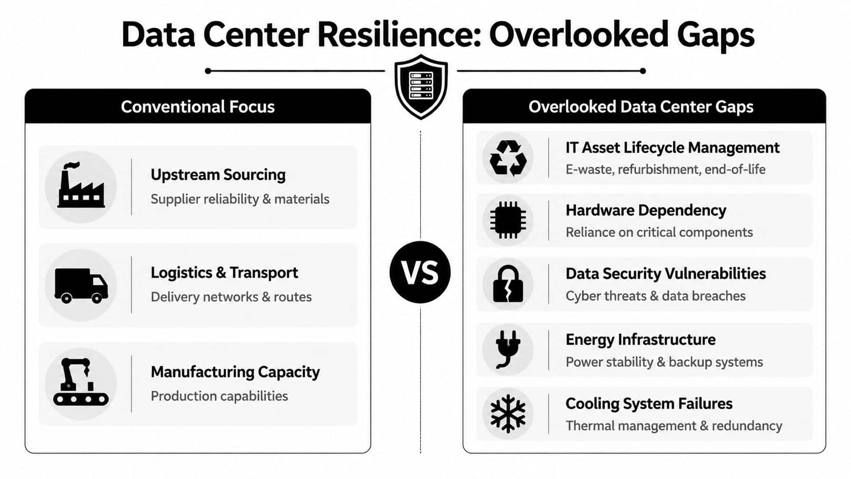 A comparison chart showing conventional supply chain focus versus overlooked data center resilience gaps in infrastructure.