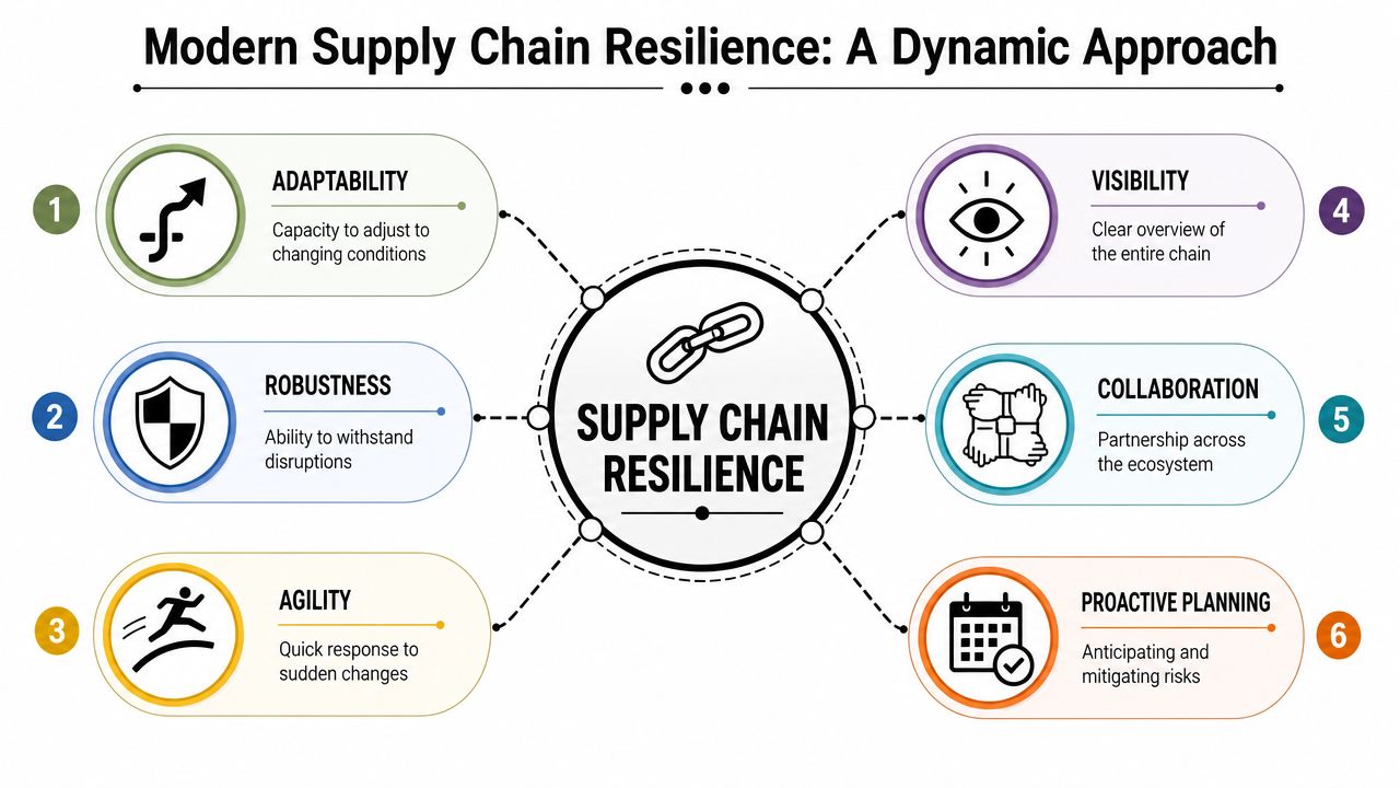 A diagram illustrating six key components of modern supply chain resilience including adaptability, robustness, agility, visibility, collaboration, and planning.