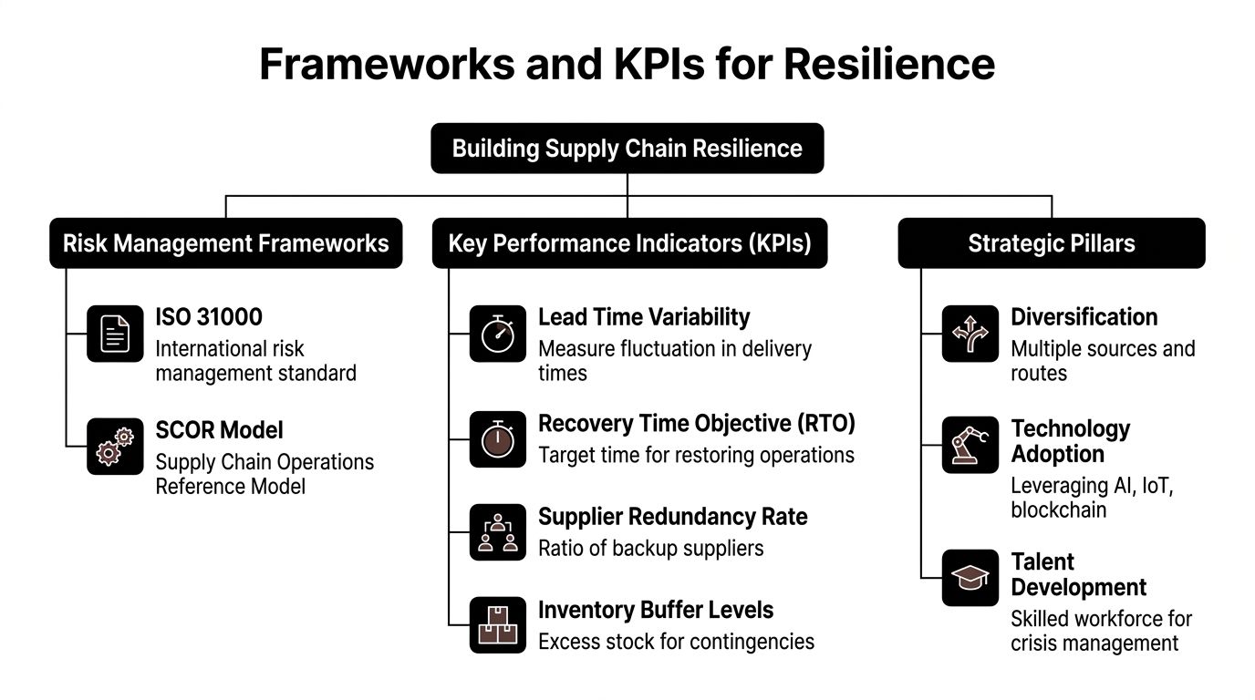 A diagram outlining the frameworks, key performance indicators, and strategic pillars for building supply chain resilience.