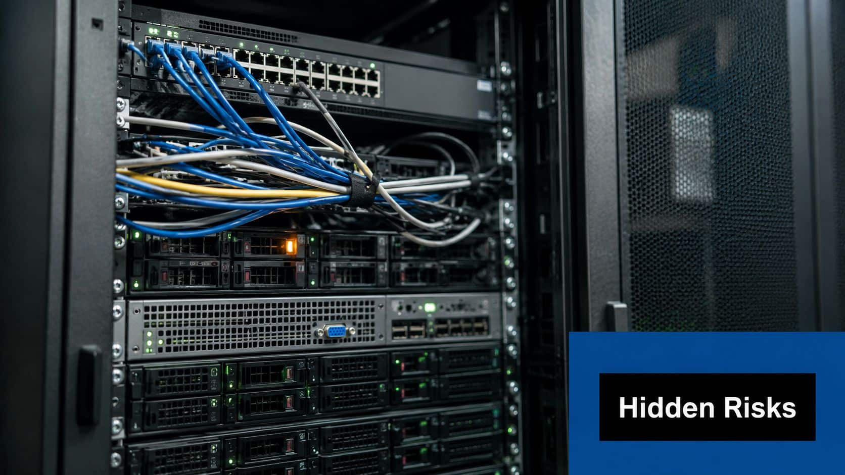 A view inside a server rack showing network switches and hard drives with a Hidden Risks overlay.