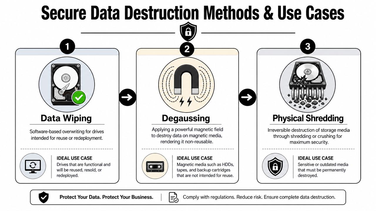 A diagram comparing three methods of secure data destruction: data wiping, degaussing, and physical shredding for businesses.
