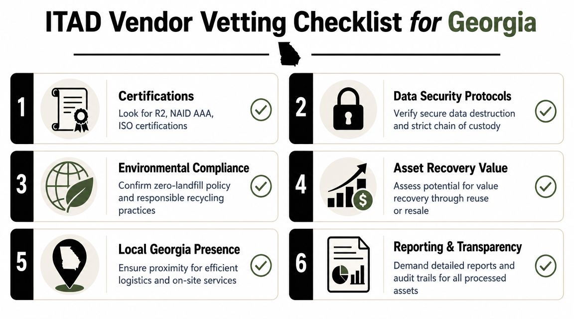 A six-step checklist infographic for evaluating IT asset disposition vendors specifically for businesses in Georgia.