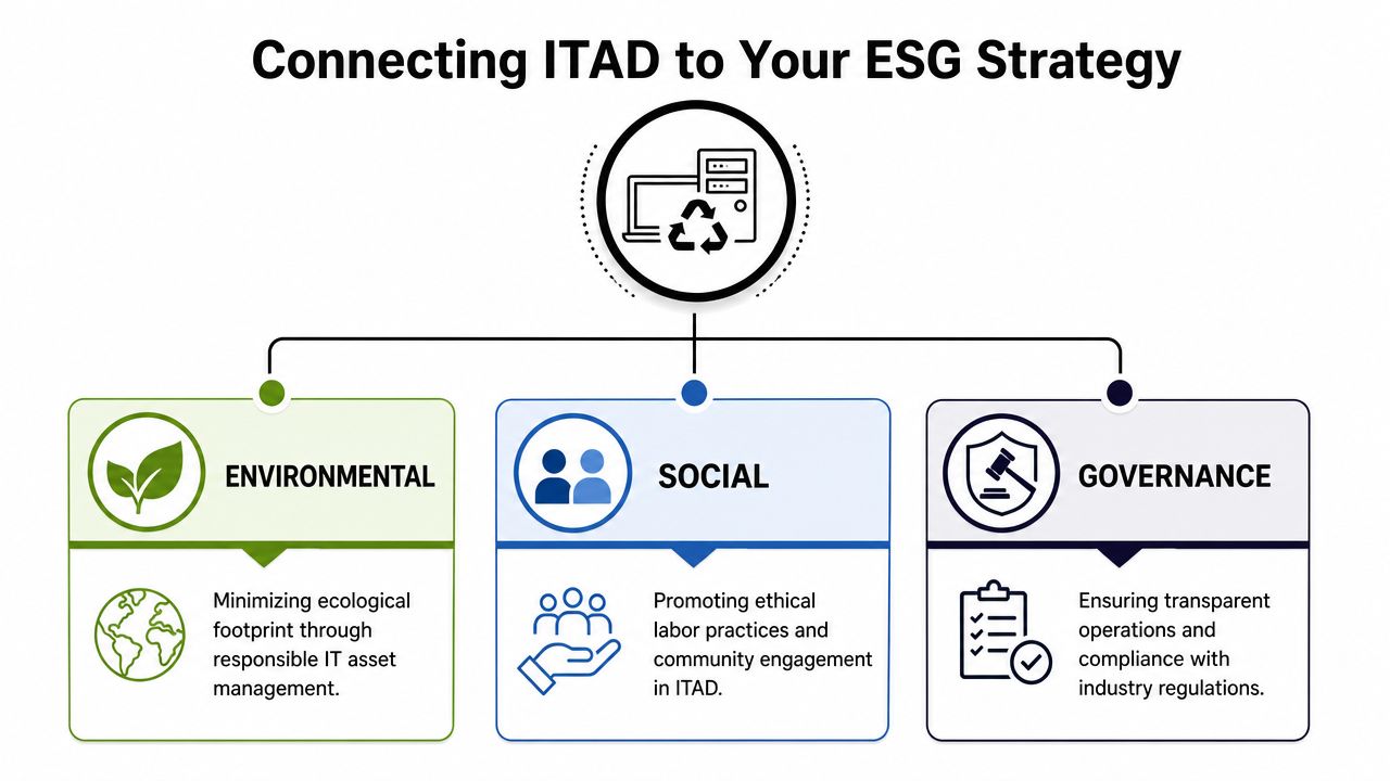 A diagram illustrating how IT asset disposition connects to environmental, social, and governance ESG business strategies.