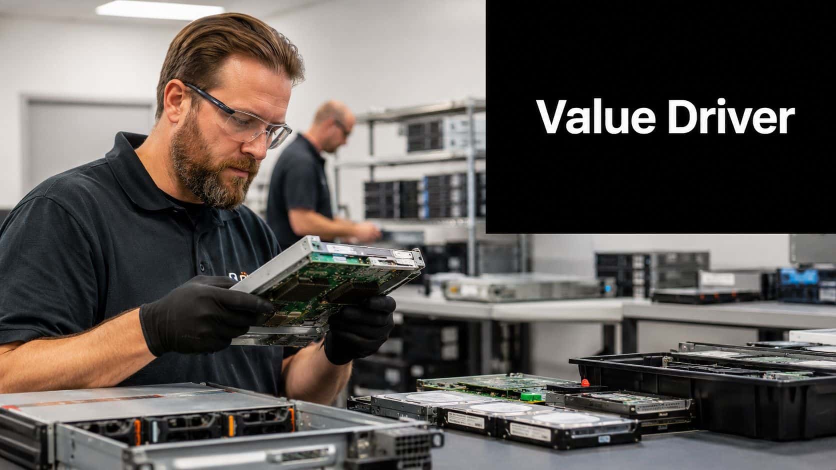 A technician wearing protective gloves examines a circuit board while working in a professional server recycling facility.