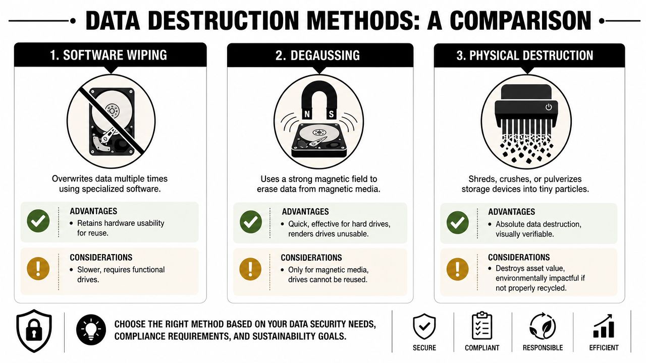 A comparison chart outlining three data destruction methods: software wiping, degaussing, and physical destruction with their pros and cons.