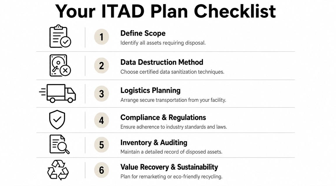 A six-step checklist for IT asset disposition, covering scope, data destruction, logistics, compliance, auditing, and sustainability.