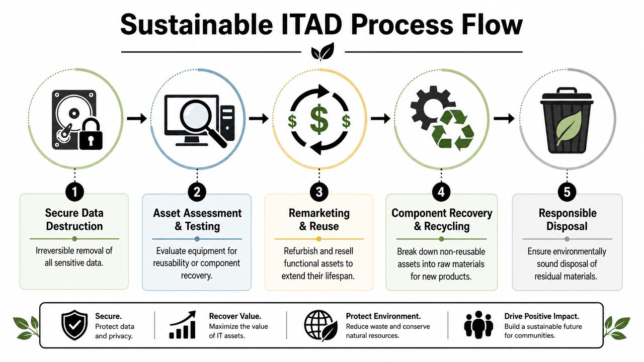 A five-step infographic showing the sustainable IT asset disposition process from data destruction to responsible recycling.