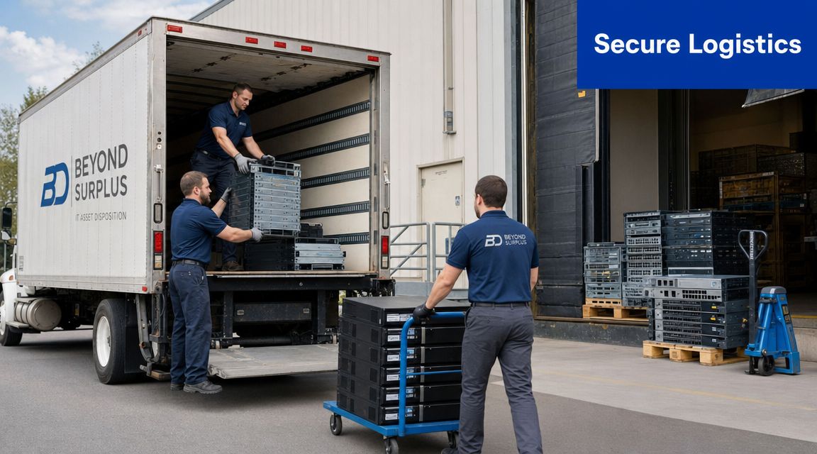 Beyond Surplus employees loading rack servers into a moving truck for secure IT asset disposal services.