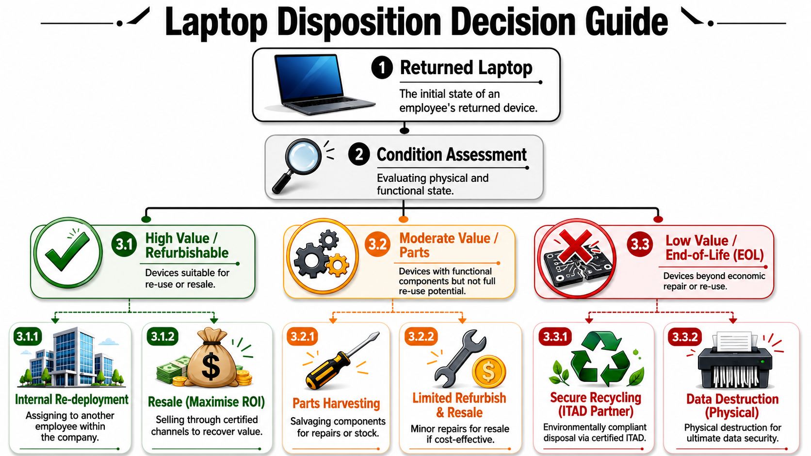 A flowchart titled Laptop Disposition Decision Guide illustrating the process of assessing and repurposing returned company laptops.