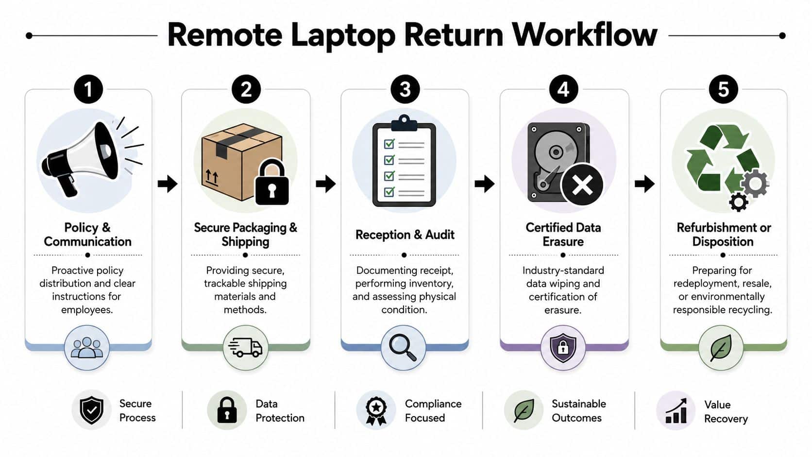 A five-step infographic showing the remote laptop return workflow for corporate IT and human resources.