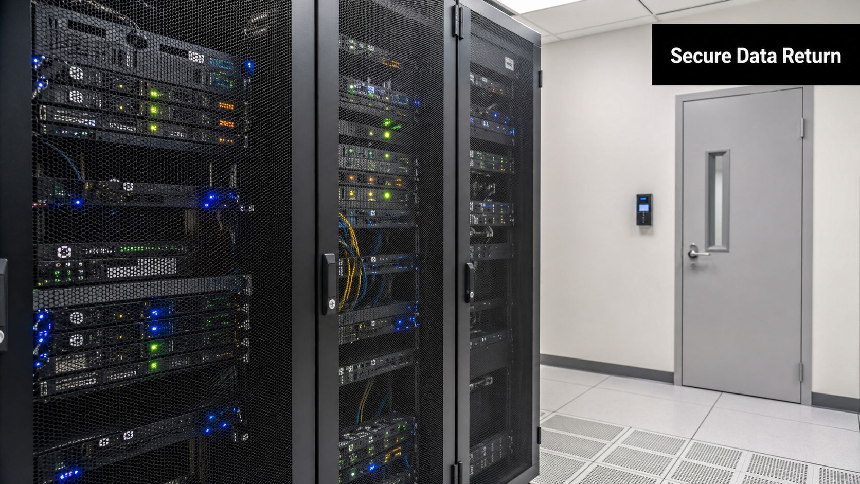 A server room containing racks of network equipment and hardware in a secure data center facility.