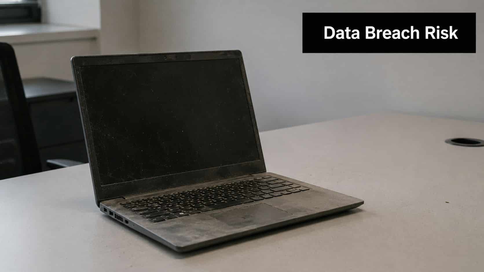 A dusty, closed-top laptop sitting on a clean office desk, representing potential data security risks.