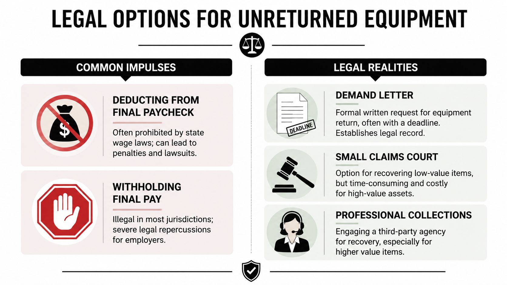 An infographic titled Legal Options for Unreturned Equipment comparing common employer impulses against legal realities for recovery.