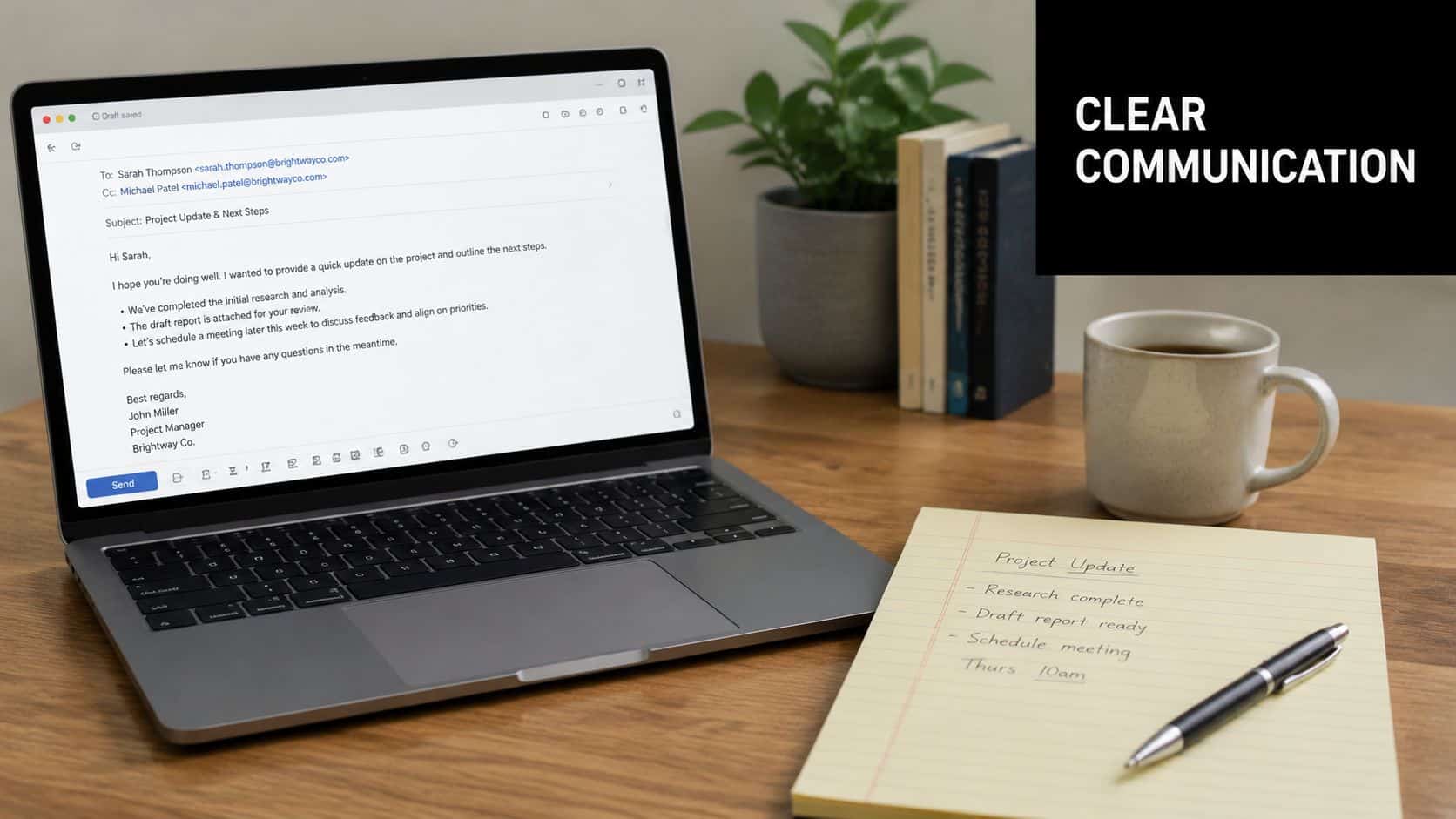 A laptop displaying a project update email next to a notepad with handwritten meeting notes on a desk.