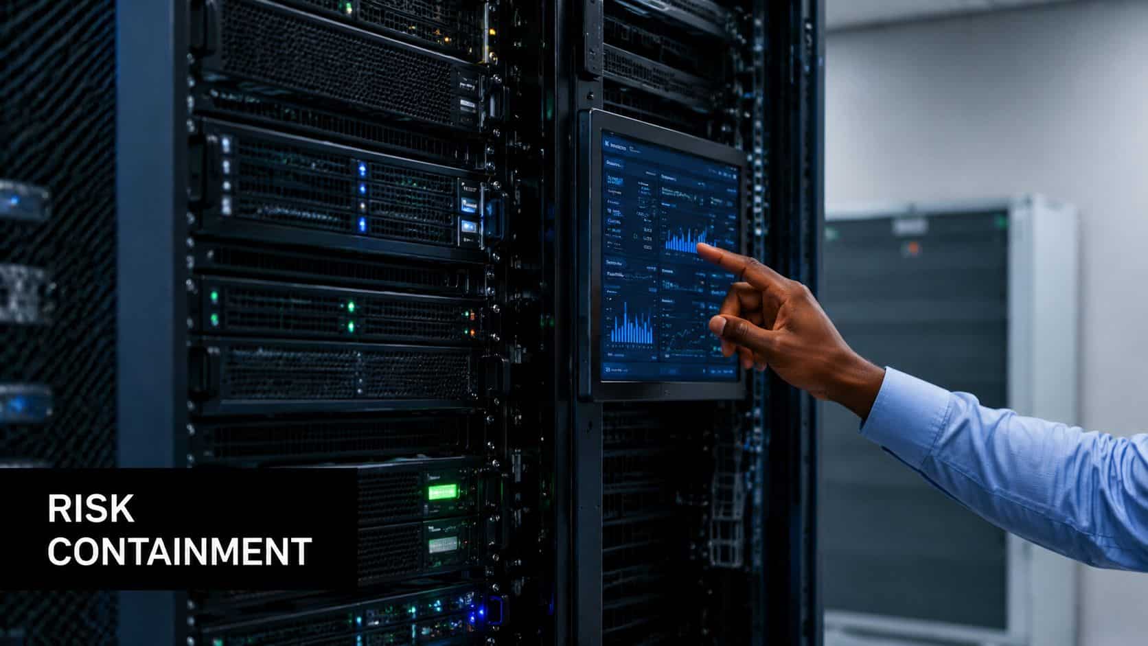 A technician points to a digital monitor displaying server metrics while working in a modern data center.