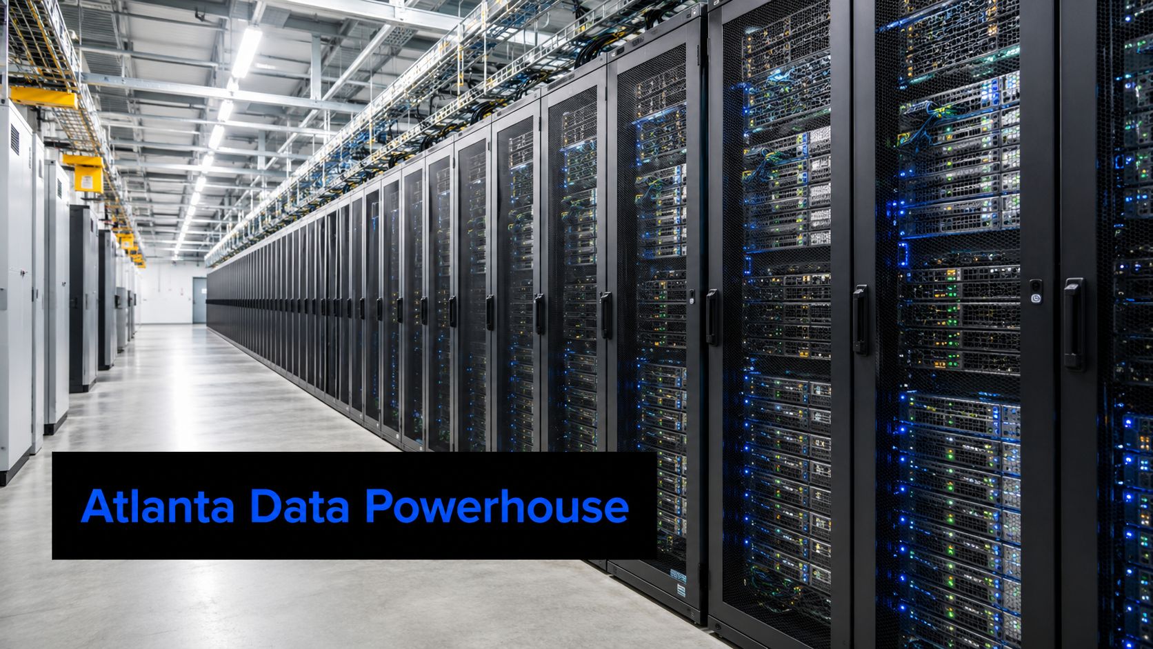 A long aisle of black server racks in a high-tech data center facility in Atlanta.